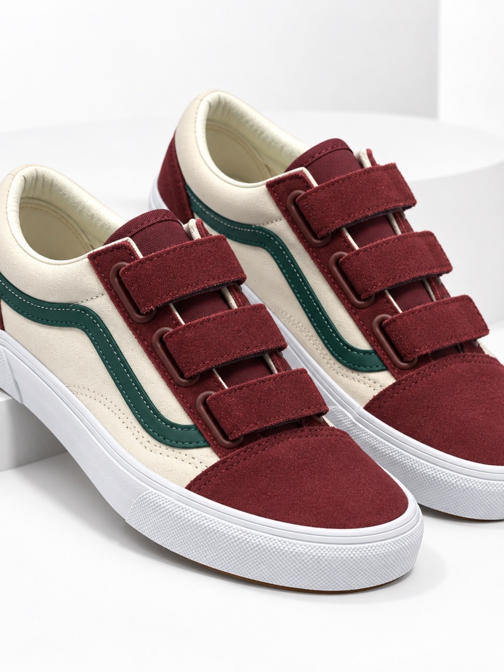 Vans Old Skool V Burgundy, Cream & Dark Green Triple Strap Velcro Sneaker